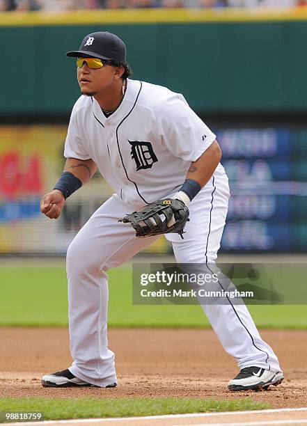 Miguel Cabrera of the Detroit Tigers fields against the Los Angeles Angels of Anaheim during the game at Comerica Park on May 2, 2010 in Detroit,...