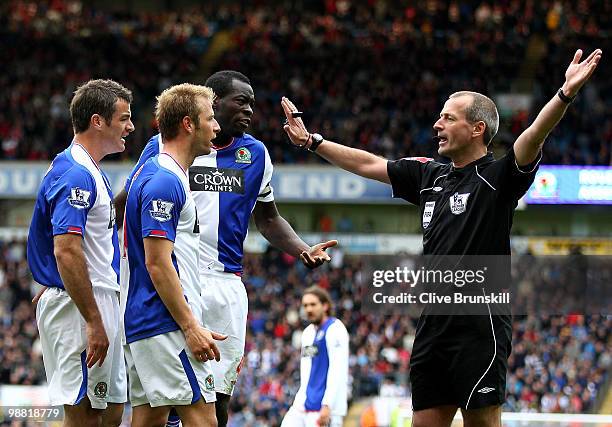 Blackburn Rovers players appeal to referee Mr M Atkinson for a penalty to be awarded for Sol Campbell of Arsenals foul on Morten Gamst Pedersen of...