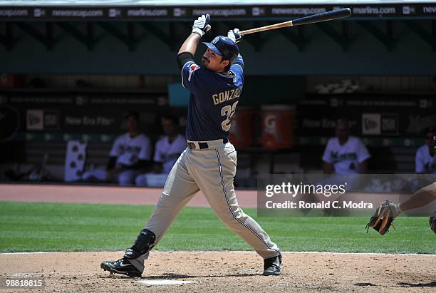 Adrian Gonzalez of the San Diego Padres bats during a MLB game against the Florida Marlins in Sun Lite Stadium on April 28, 2010 in Miami, Florida....