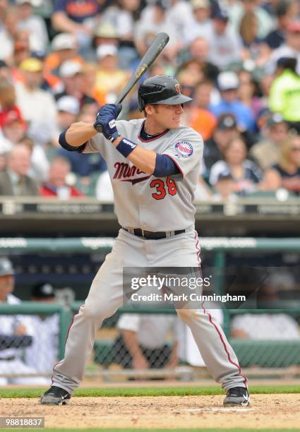 Luke Hughes of the Minnesota Twins bats against the Detroit Tigers during the game at Comerica Park on April 29, 2010 in Detroit, Michigan. The...