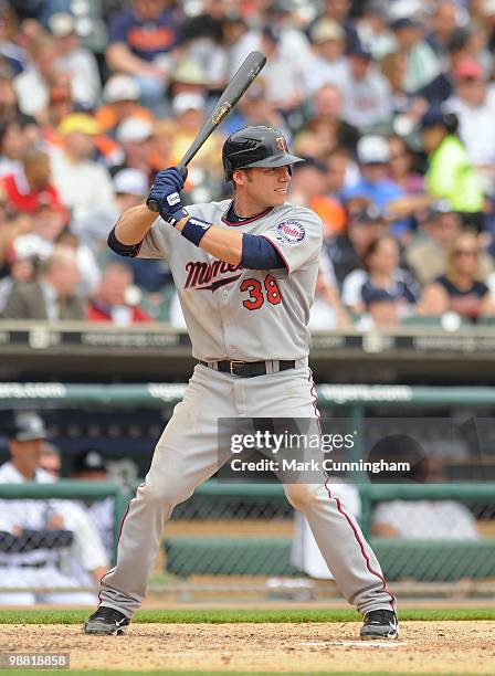 Luke Hughes of the Minnesota Twins bats against the Detroit Tigers during the game at Comerica Park on April 29, 2010 in Detroit, Michigan. The...