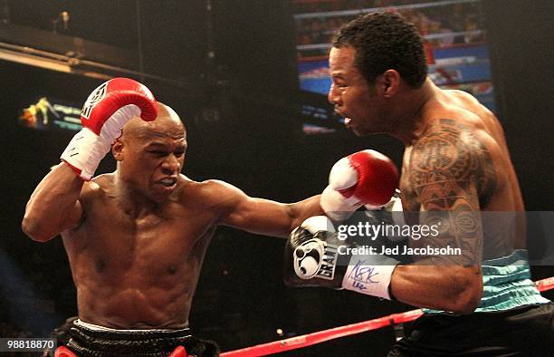 Floyd Mayweather Jr. In action against Shane Mosley during their welterweight fight at the MGM Grand Garden Arena on May 1, 2010 in Las Vegas, Nevada.