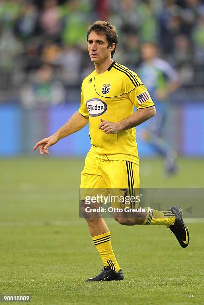 Guillermo Barros Schelotto of the Columbus Crew in action against the Seattle Sounders FC on May 1, 2010 at Qwest Field in Seattle, Washington.