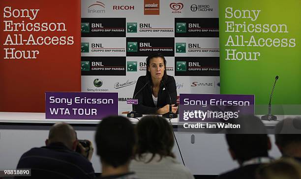 Flavia Pennetta of Italy speaks to the pres during Day one of the Sony Ericsson WTA Tour at the Foro Italico Tennis Centre on May 3, 2010 in Rome,...