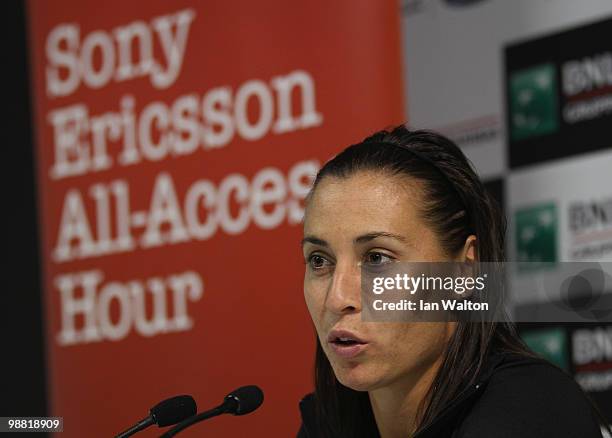 Flavia Pennetta of Italy speaks to the pres during Day one of the Sony Ericsson WTA Tour at the Foro Italico Tennis Centre on May 3, 2010 in Rome,...