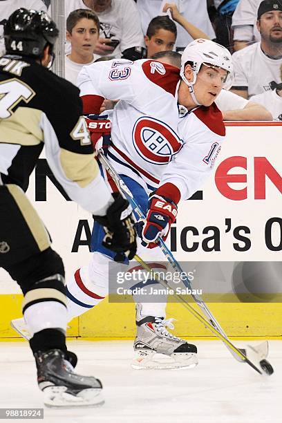 Michael Cammalleri of the Montreal Canadiens skates with the puck against the Pittsburgh Penguins in Game One of the Eastern Conference Semifinals...