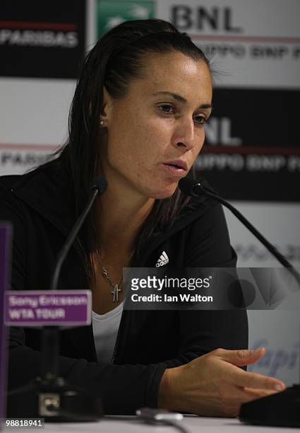 Flavia Pennetta of Italy speaks to the pres during Day one of the Sony Ericsson WTA Tour at the Foro Italico Tennis Centre on May 3, 2010 in Rome,...