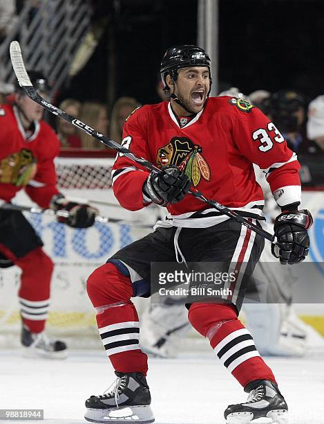 Dustin Byfuglien of the Chicago Blackhawks calls for the puck at Game Two of the Western Conference Quarterfinals against the Nashville Predators...