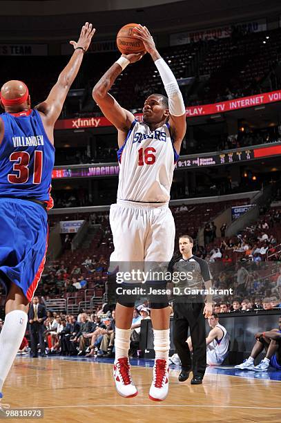 Marreese Speights of the Philadelphia 76ers shoots the jump shot against Charlie Villanueva of the Detroit Pistons during the game at Wachovia Center...