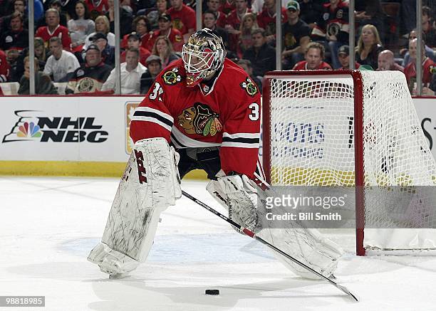Goalie Antti Niemi of the Chicago Blackhawks protects the net at Game Two of the Western Conference Quarterfinals against the Nashville Predators...