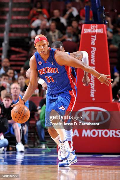 Charlie Villanueva of the Detroit Pistons dribbles the ball upcourt against the Philadelphia 76ers during the game at Wachovia Center on April 6,...