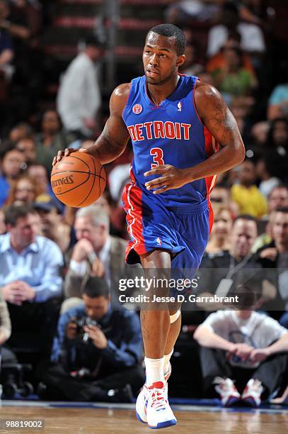 Rodney Stuckey of the Detroit Pistons dribbles the ball upcourt against the Philadelphia 76ers during the game at Wachovia Center on April 6, 2010 in...