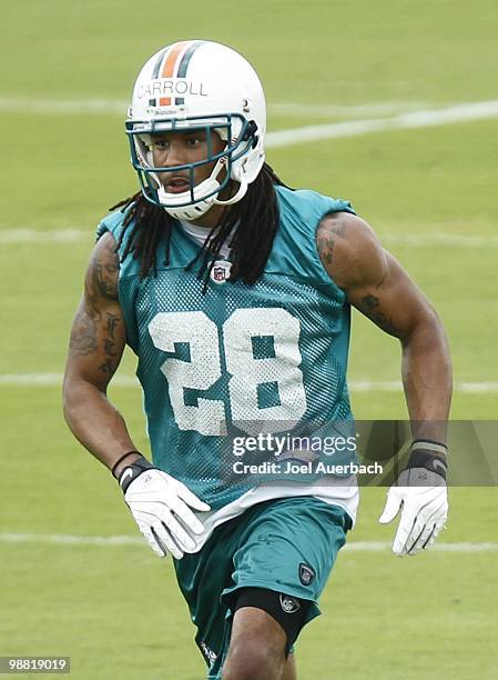 Nolan Carroll of the Miami Dolphins runs drills during the rookie mini camp May 1, 2010 at the Miami Dolphins training facility in Davie, Florida.