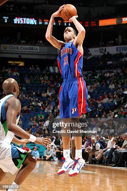 Tayshaun Prince of the Detroit Pistons shoots the outside jump shot against the Minnesota Timberwolves during the game at Target Center on April 14,...