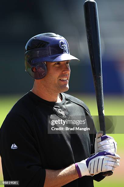 Seth Smith of the Colorado Rockies takes batting practice before the game between the Colorado Rockies and the San Francisco Giants on Sunday, May 2...