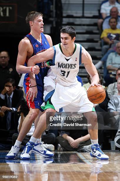 Darko Milicic of the Minnesota Timberwolves posts up against Jonas Jerebko of the Detroit Pistons during the game at Target Center on April 14, 2010...