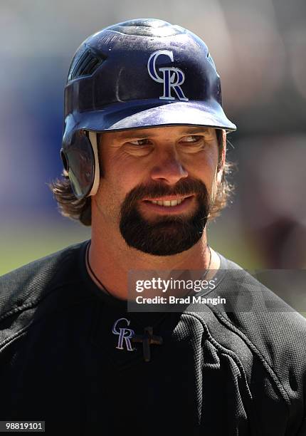 Todd Helton of the Colorado Rockies takes batting practice before the game between the Colorado Rockies and the San Francisco Giants on Sunday, May 2...