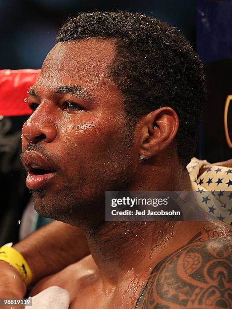 Shane Mosley looks on from his corner during his fight against Floyd Mayweather Jr. At a welterweight fight at the MGM Grand Garden Arena on May 1,...