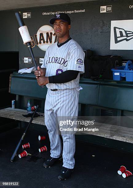 Melvin Mora of the Colorado Rockies gets ready in the dugout before the game between the Colorado Rockies and the San Francisco Giants on Sunday, May...