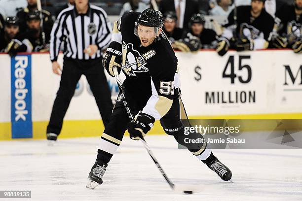 Sergei Gonchar of the Pittsburgh Penguins shoots the puck against the Montreal Canadiens in Game One of the Eastern Conference Semifinals during the...