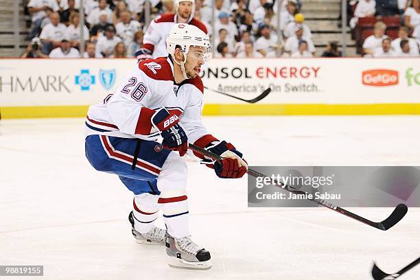 Josh Gorges of the Montreal Canadiens skates against the Pittsburgh Penguins in Game One of the Eastern Conference Semifinals during the 2010 NHL...