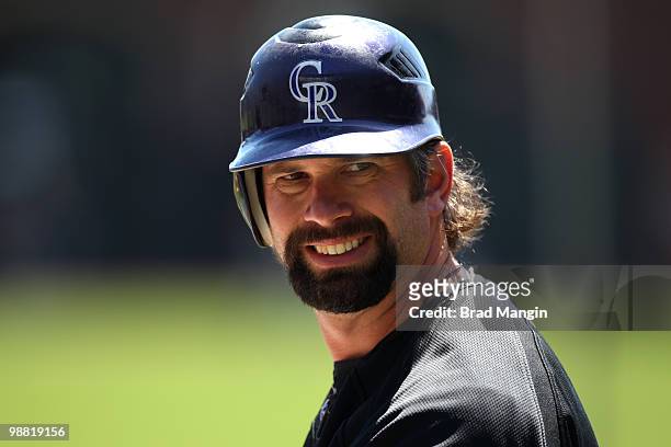 Todd Helton of the Colorado Rockies takes batting practice before the game between the Colorado Rockies and the San Francisco Giants on Sunday, May 2...