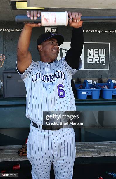 Melvin Mora of the Colorado Rockies gets ready in the dugout before the game between the Colorado Rockies and the San Francisco Giants on Sunday, May...