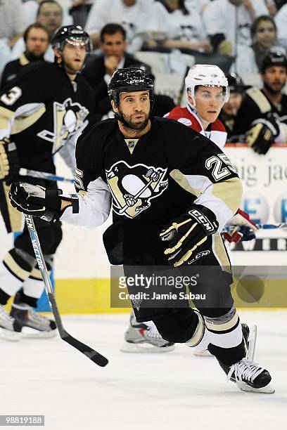 Maxime Talbot of the Pittsburgh Penguins skates against the Montreal Canadiens in Game One of the Eastern Conference Semifinals during the 2010 NHL...