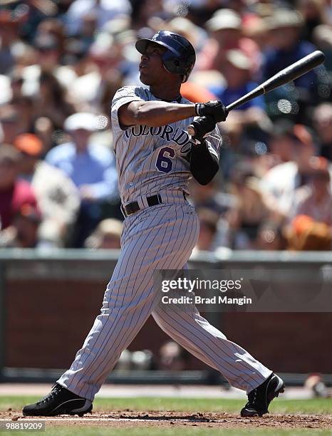 Melvin Mora of the Colorado Rockies bats during the game between the Colorado Rockies and the San Francisco Giants on Sunday, May 2 at AT&T Park in...