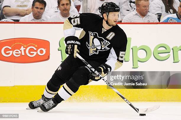 Sergei Gonchar of the Pittsburgh Penguins skates with the puck against the Montreal Canadiens in Game One of the Eastern Conference Semifinals during...