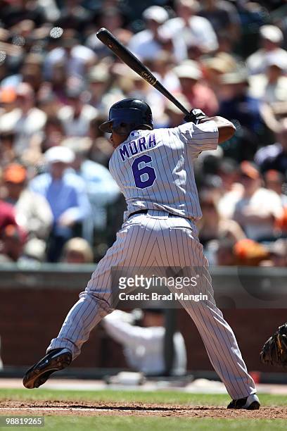 Melvin Mora of the Colorado Rockies bats during the game between the Colorado Rockies and the San Francisco Giants on Sunday, May 2 at AT&T Park in...