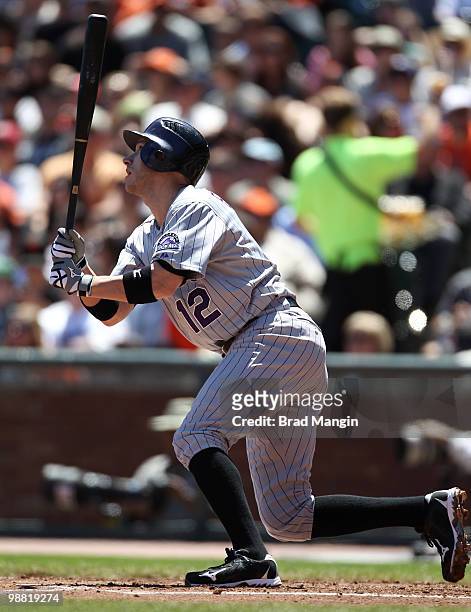 Clint Barmes of the Colorado Rockies bats during the game between the Colorado Rockies and the San Francisco Giants on Sunday, May 2 at AT&T Park in...