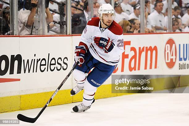 Josh Gorges of the Montreal Canadiens skates against the Pittsburgh Penguins in Game One of the Eastern Conference Semifinals during the 2010 NHL...