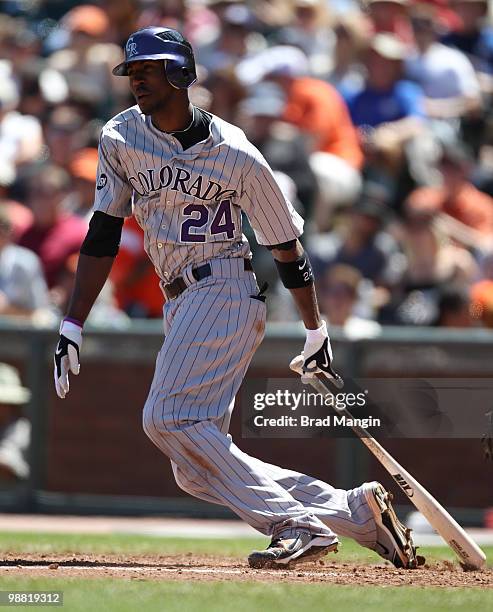 Dexter Fowler of the Colorado Rockies bats during the game between the Colorado Rockies and the San Francisco Giants on Sunday, May 2 at AT&T Park in...