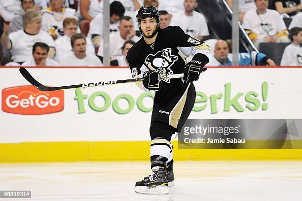 Kris Letang of the Pittsburgh Penguins skates against the Montreal Canadiens in Game One of the Eastern Conference Semifinals during the 2010 NHL...