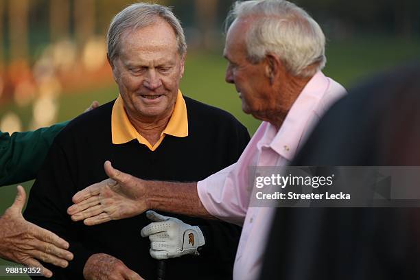 Jack Nicklaus and Arnold Palmer start the 2010 Masters Tournament on the first tee at Augusta National Golf Club on April 8, 2010 in Augusta, Georgia.