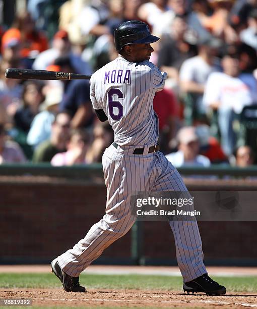 Melvin Mora of the Colorado Rockies bats during the game between the Colorado Rockies and the San Francisco Giants on Sunday, May 2 at AT&T Park in...