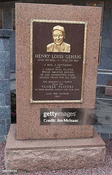 The monument of Lou Gehrig is seen in Monument Park at Yankee Stadium prior to game between the New York Yankees and the Chicago White Sox on May 2,...