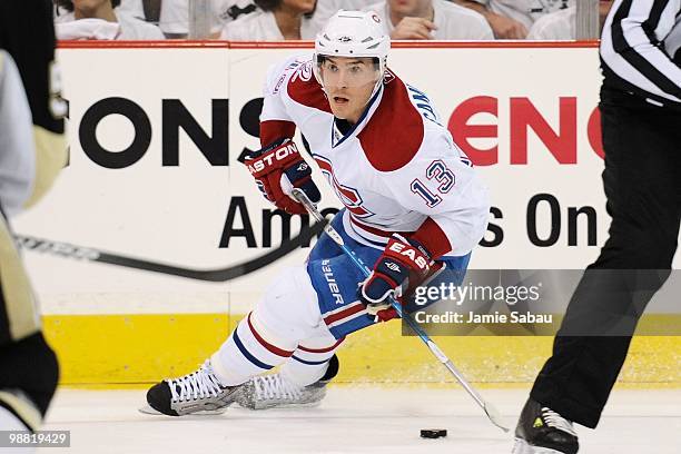 Michael Cammalleri of the Montreal Canadiens skates with the puck against the Pittsburgh Penguins in Game One of the Eastern Conference Semifinals...