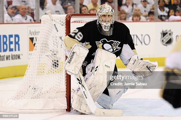 Marc-Andre Fleury of the Pittsburgh Penguins guards the net against the Montreal Canadiens in Game One of the Eastern Conference Semifinals during...