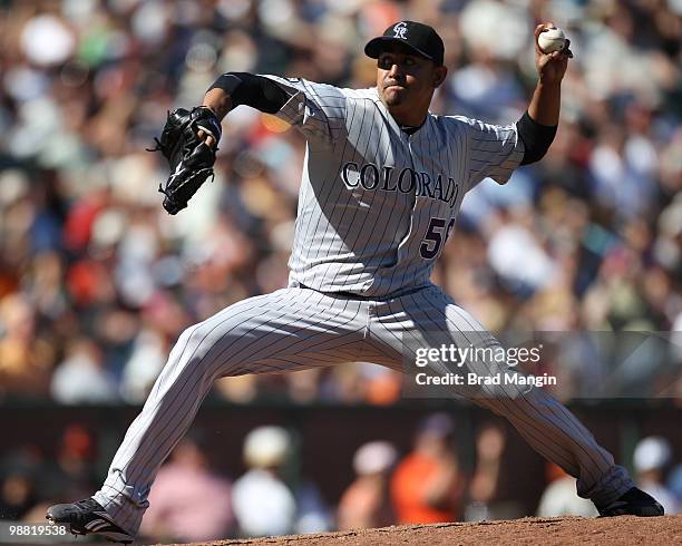 Franklin Morales of the Colorado Rockies pitches during the game between the Colorado Rockies and the San Francisco Giants on Sunday, May 2 at AT&T...