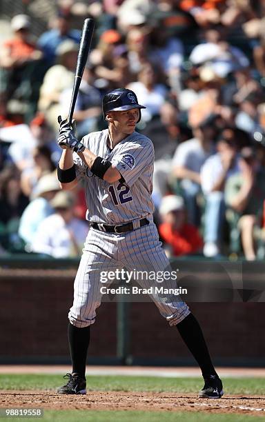 Clint Barmes of the Colorado Rockies bats during the game between the Colorado Rockies and the San Francisco Giants on Sunday, May 2 at AT&T Park in...