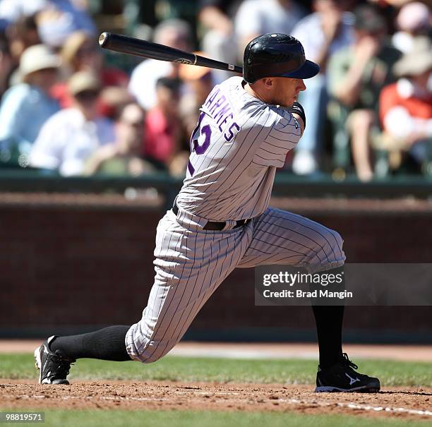 Clint Barmes of the Colorado Rockies bats during the game between the Colorado Rockies and the San Francisco Giants on Sunday, May 2 at AT&T Park in...