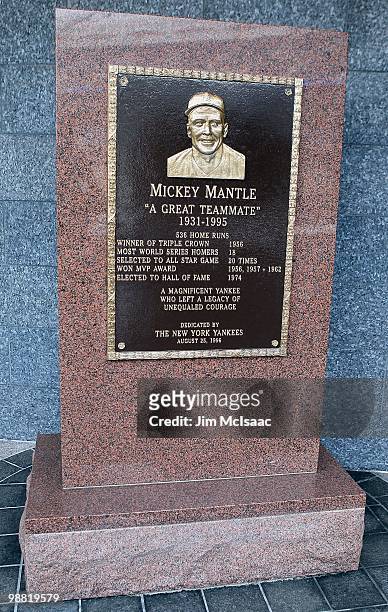 The monument of Mickey Mantle is seen in Monument Park at Yankee Stadium prior to game between the New York Yankees and the Chicago White Sox on May...