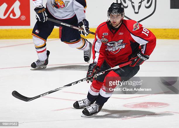 Zack Kassian of the Windsor Spitfires skates in the third game of the OHL Championship final against the Barrie Colts on May 2,2010 at the WFCU...