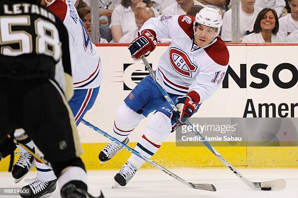 Michael Cammalleri of the Montreal Canadiens skates with the puck against the Pittsburgh Penguins in Game One of the Eastern Conference Semifinals...
