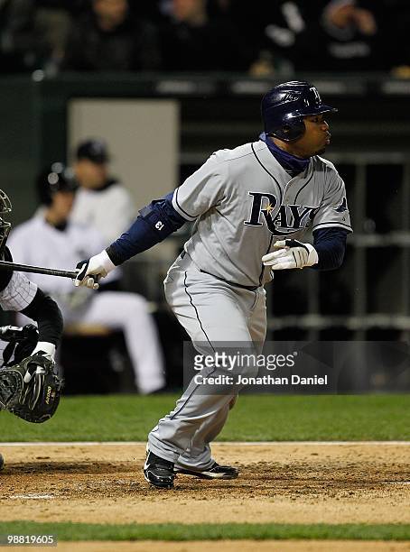 Carl Crawford of the Tampa Bay Rays runs after hitting the ball against the Chicago White Sox at U.S. Cellular Field on April 21, 2010 in Chicago,...