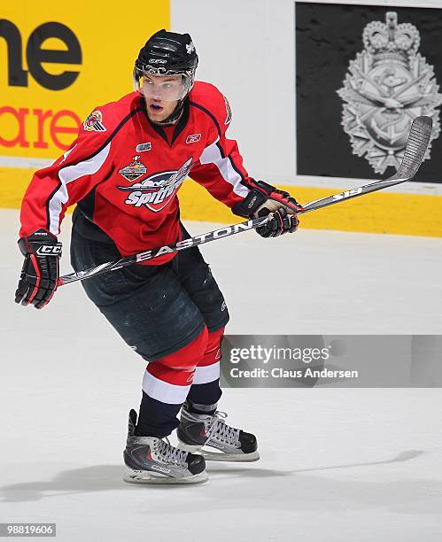Taylor Hall of the Windsor Spitfires skates in the third game of the OHL Championship final against the Barrie Colts on May 2,2010 at the WFCU Centre...