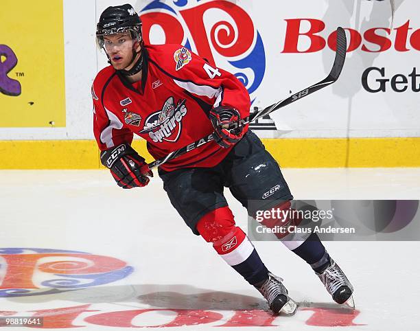 Taylor Hall of the Windsor Spitfires skates in the third game of the OHL Championship final against the Barrie Colts on May 2,2010 at the WFCU Centre...