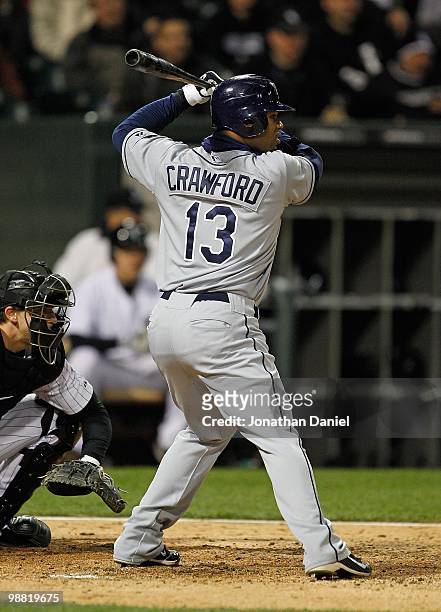 Carl Crawford of the Tampa Bay Rays prepares to bat against the Chicago White Sox at U.S. Cellular Field on April 21, 2010 in Chicago, Illinois. The...